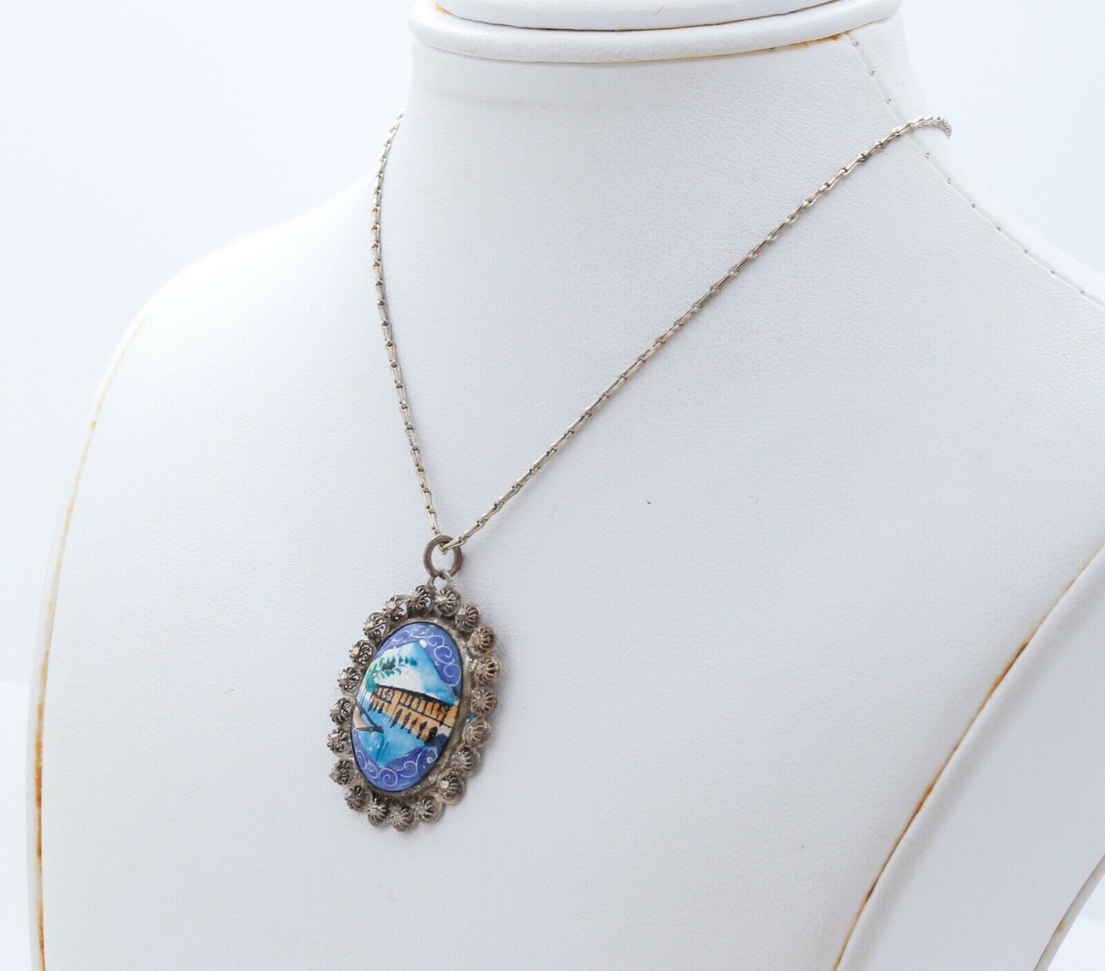 Beautiful Vintage 925 Silver Enamel Portrait Floral Pendant and Chain