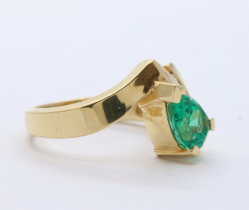 Vintage Modernist Emerald Diamonds 14K Yellow Gold Bypass Ring