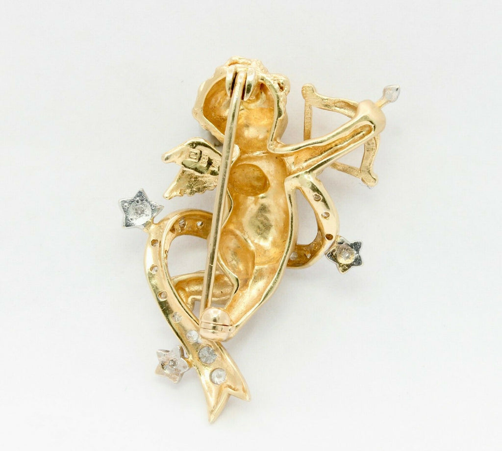 Vintage 14K Yellow Gold Diamond Cupid Brooch