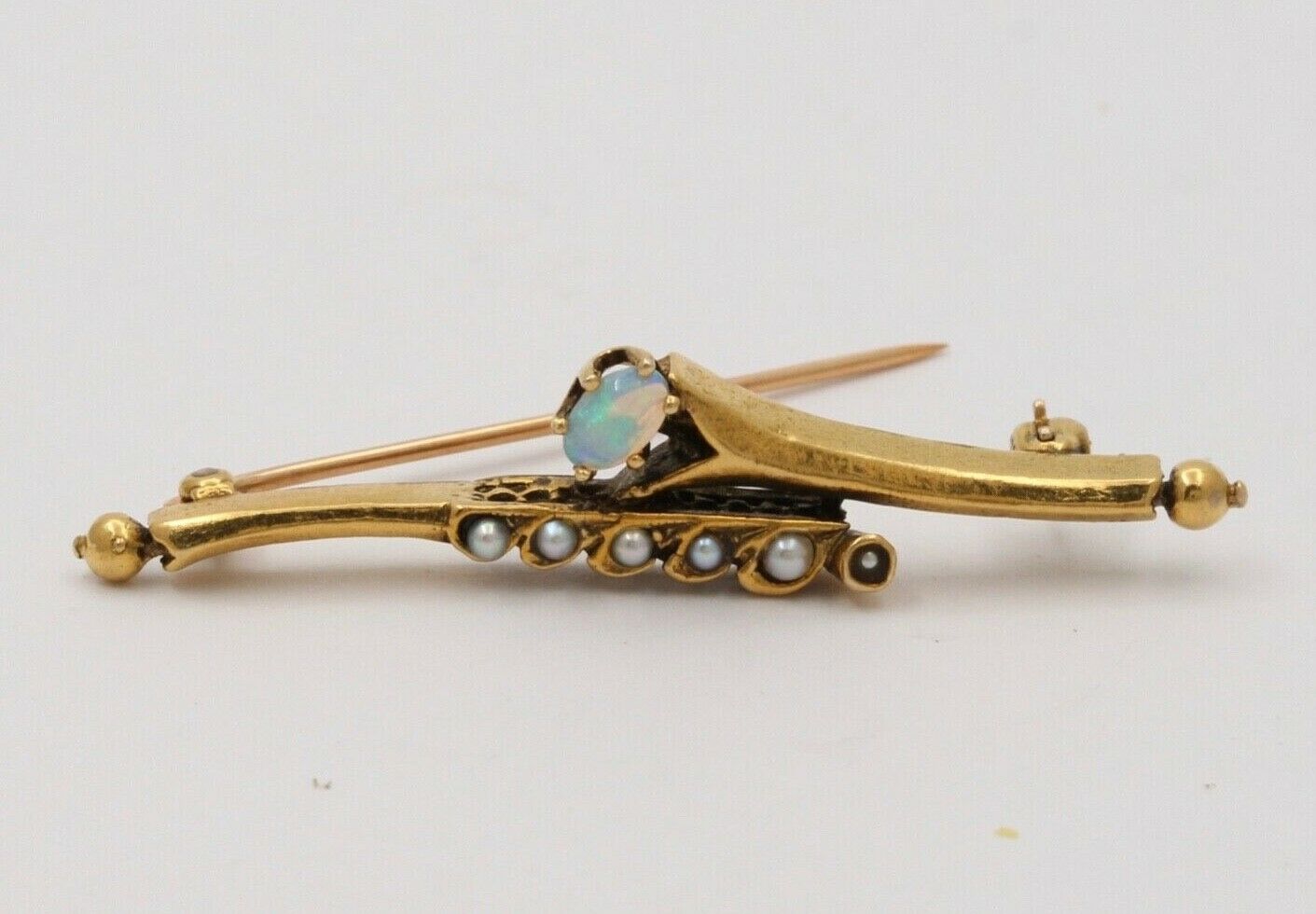 Vintage Opal & Split Pearl 14K Yellow Gold Bar Pin Brooch
