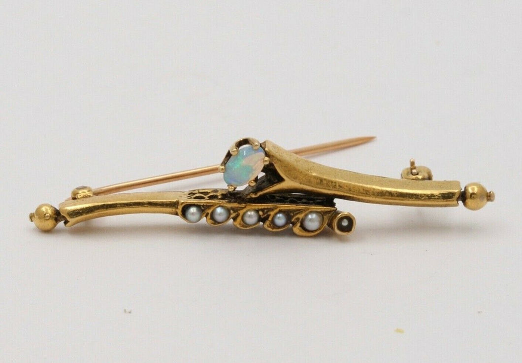 Vintage Opal & Split Pearl 14K Yellow Gold Bar Pin, Estate Brooch