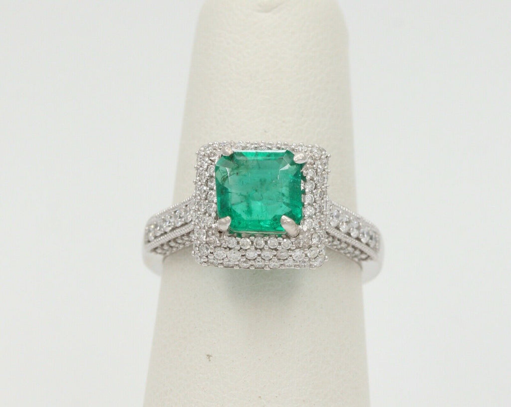 Vintage 14K White Gold Emerald Diamond Cocktail Ring