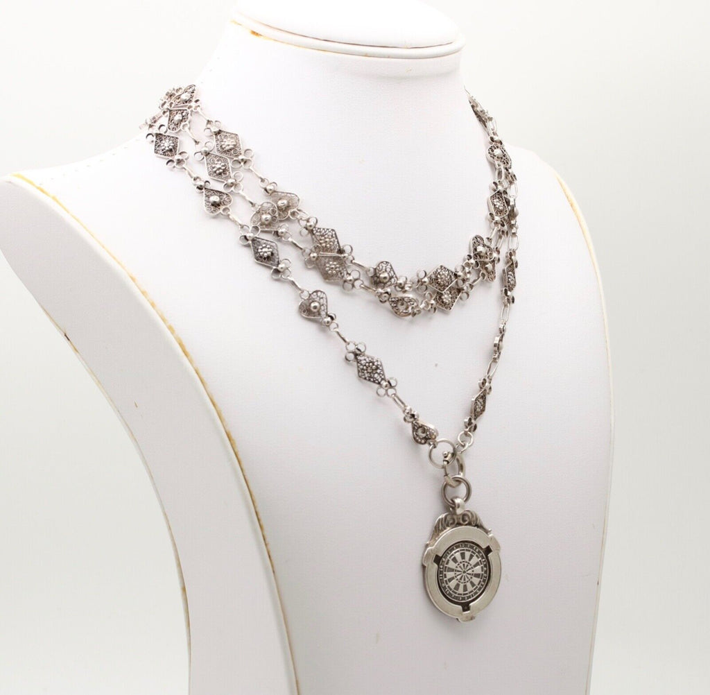 Vintage Sterling Silver French Style Filigree Chain And Darts Pendant Charm