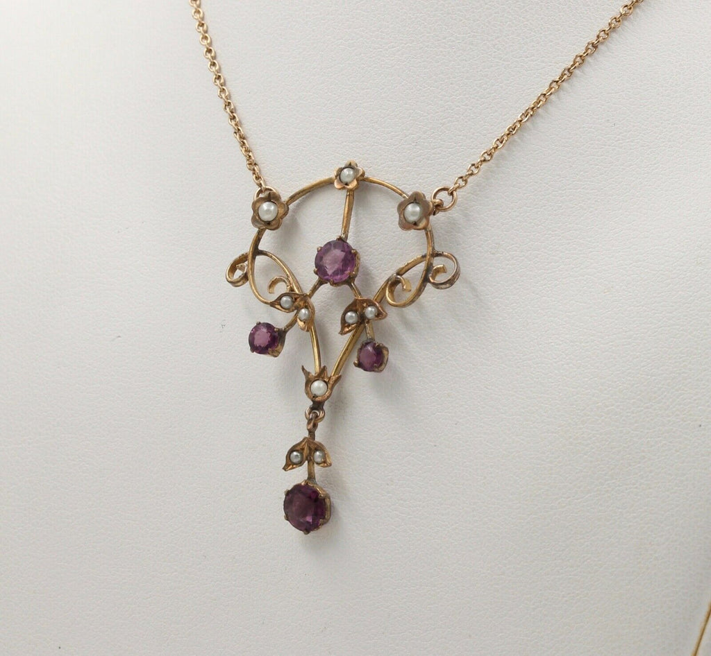 Art Nouveau 14K Gold Filed Amethyst & Split Pearl Pendant, Necklace.