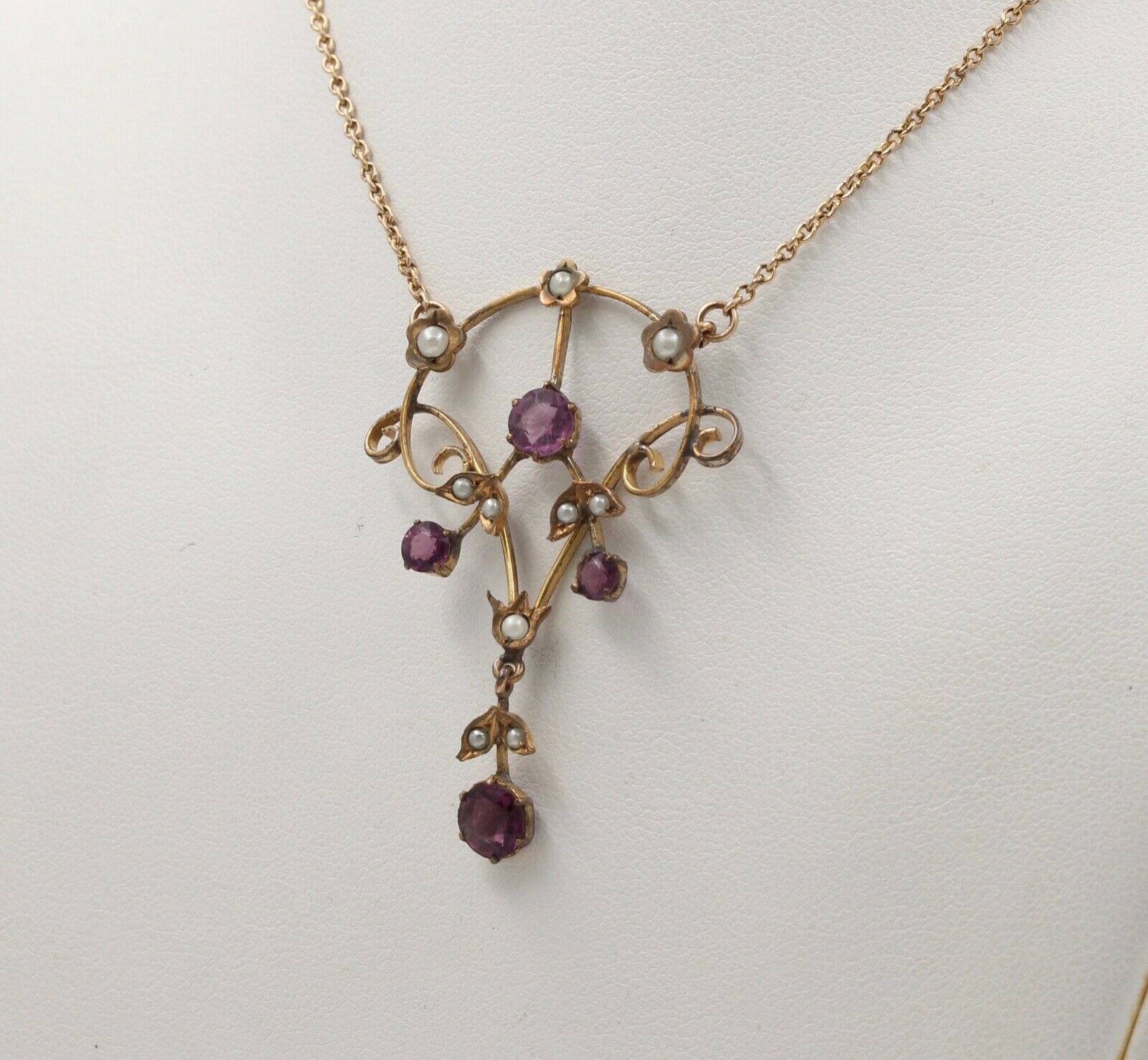 Art Nouveau 14K Gold Filed Amethyst & Split Pearl Pendant, Necklace.