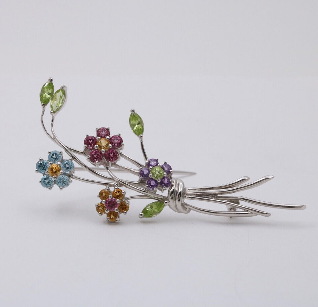 Vintage Flower Bouquet Multi Stone 14K White Gold Brooch