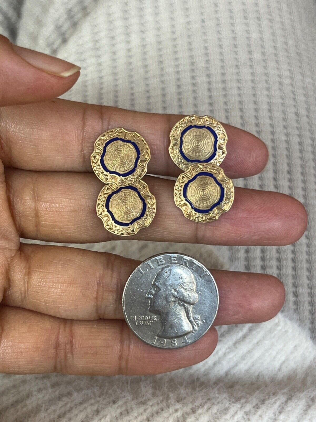 Vintage Blue Enamel High Relief 14K Gold Cufflinks