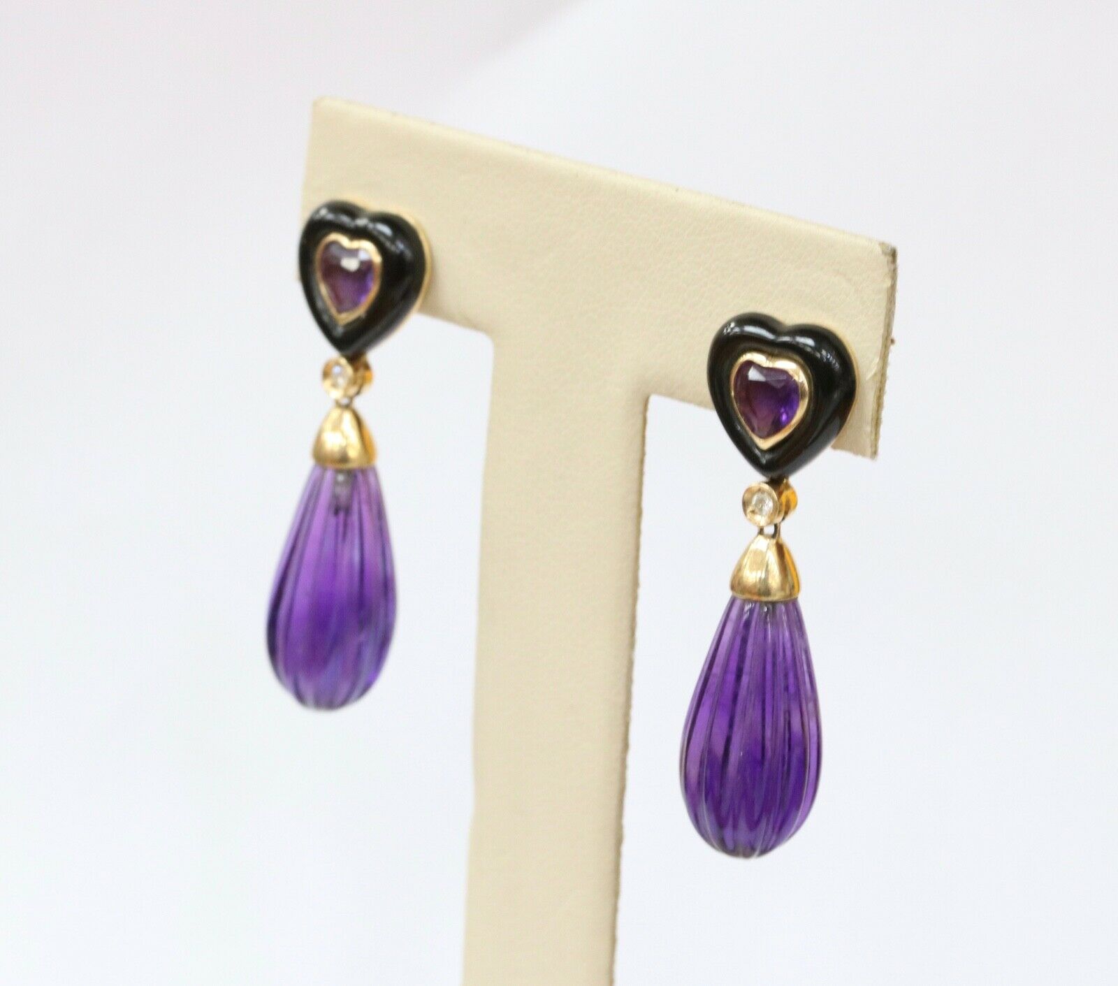 Vintage Bvlgari Style Amethyst Black Onyx Diamonds 14K Yellow Gold Earrings