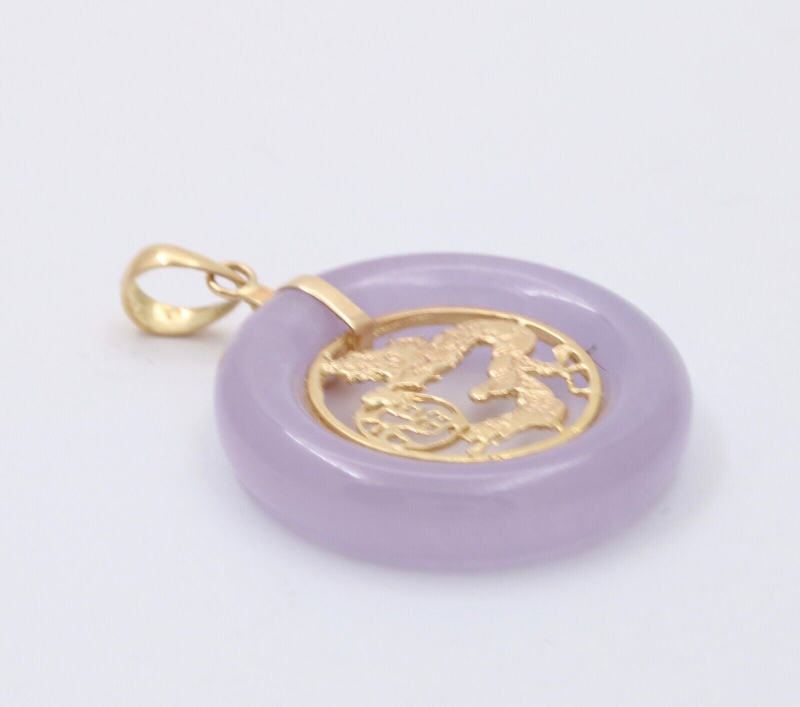 Vintage 14K Gold Lavender Jade Dragon Good Luck Fortune Pendant