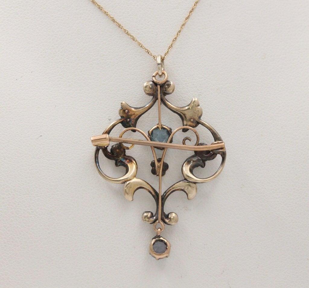 Art Nouveau 10K Yellow Gold Blue Zircon Seed Pearls Pendant Brooch