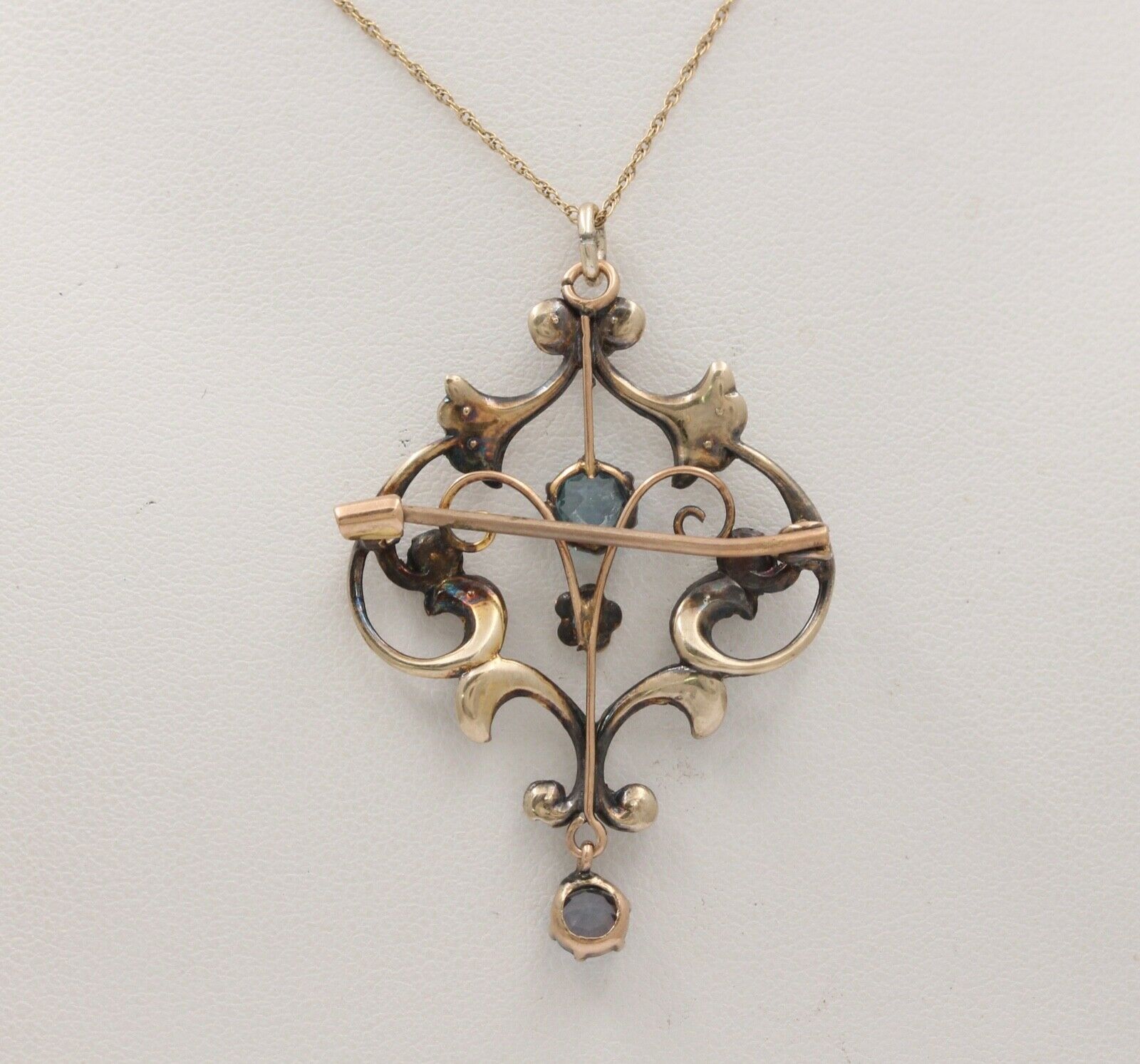 Art Nouveau 10K Yellow Gold Blue Zircon Seed Pearls Pendant Brooch