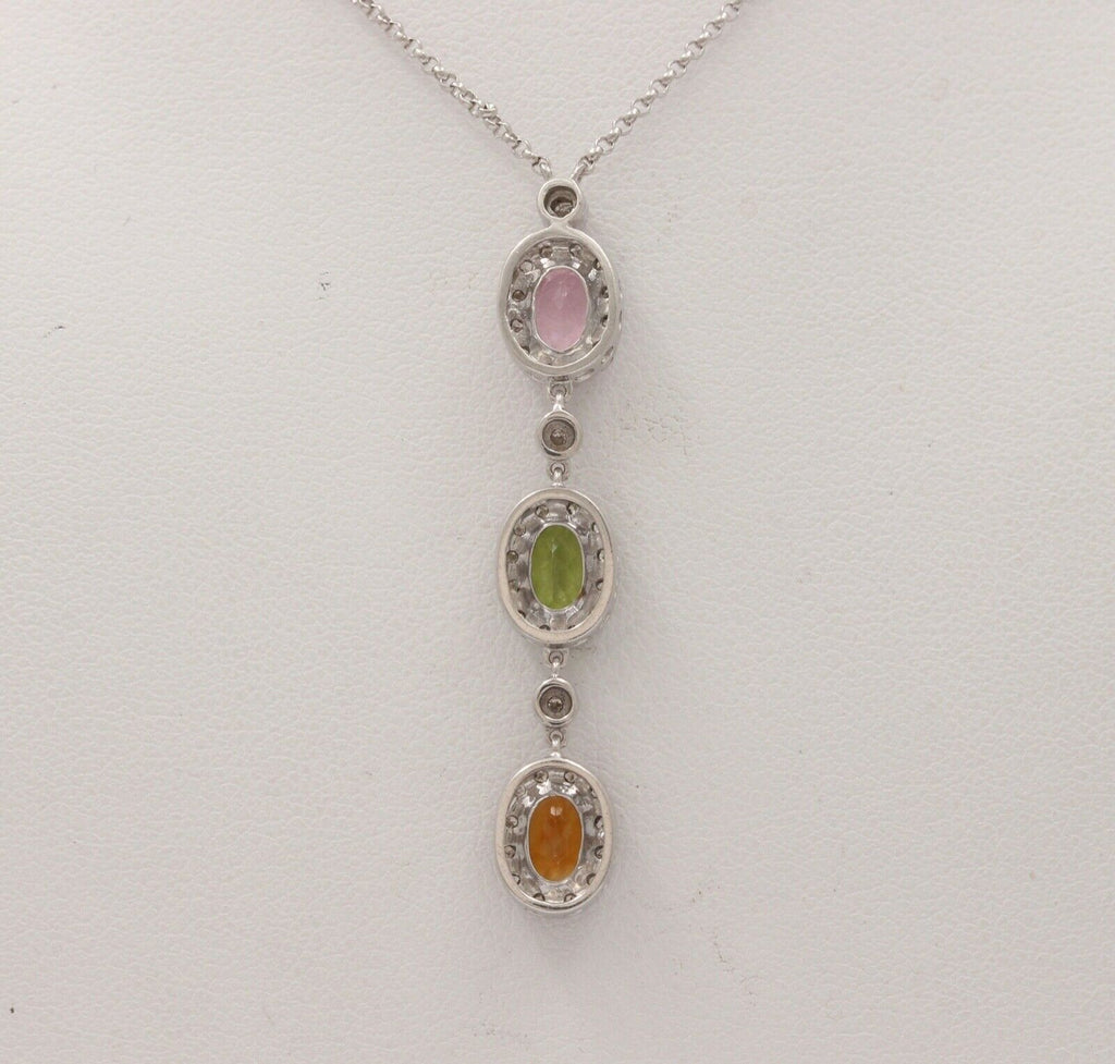Classic 14K Gold Three Stones Multi Color Stone, Diamond Drop Pendant. Necklace.