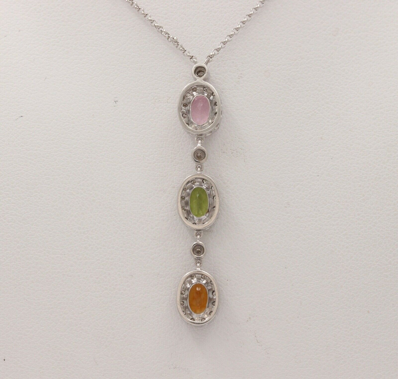 Classic 14K Gold Three Stones Multi Color Stone, Diamond Drop Pendant. Necklace.