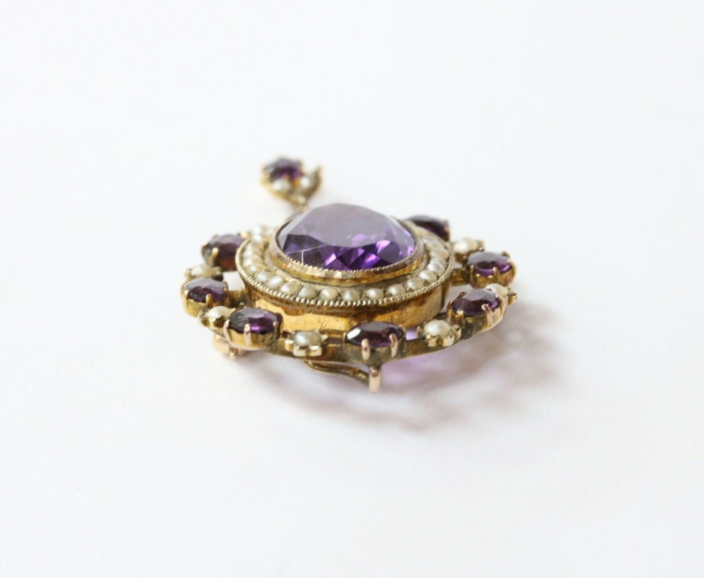 Victorian Amethyst Seed Pearl Milgrain 9 Carat Brooch Pendant