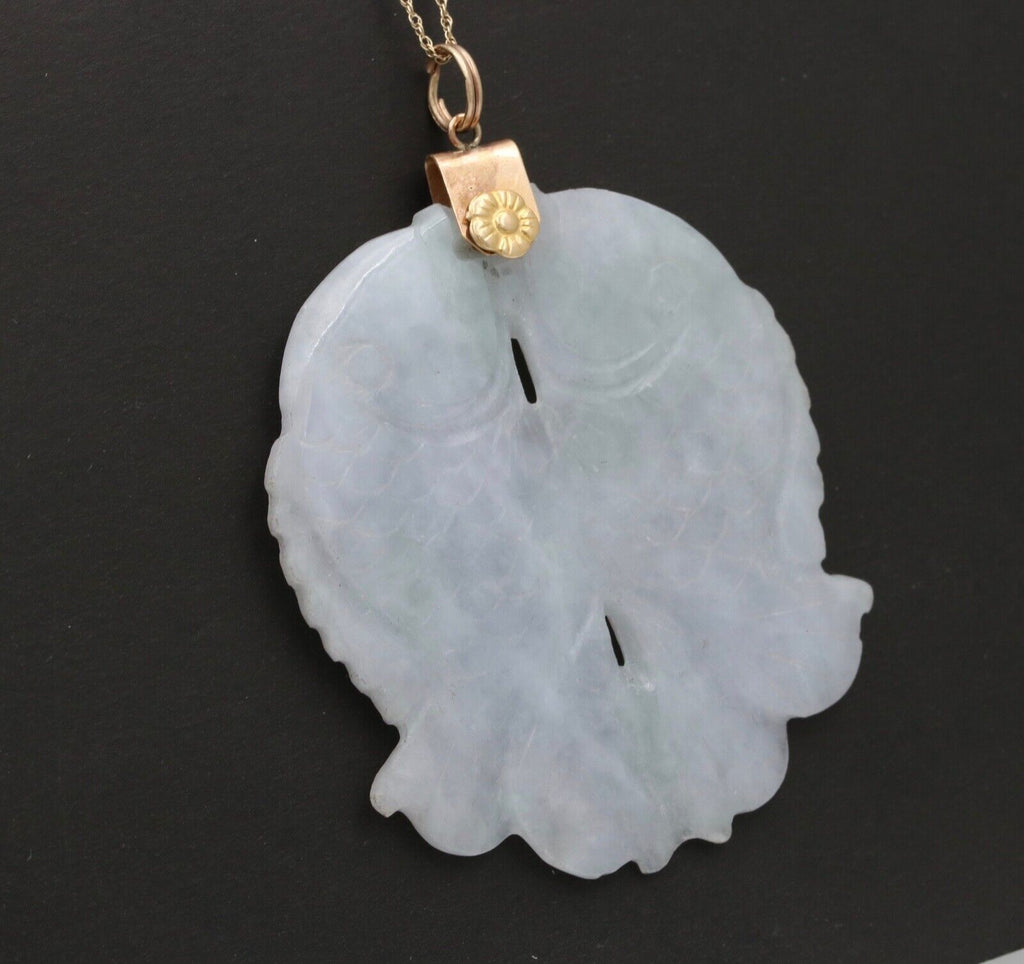 Vintage 10K Yellow Gold Jade Two Carps Good Luck Pendant Charm
