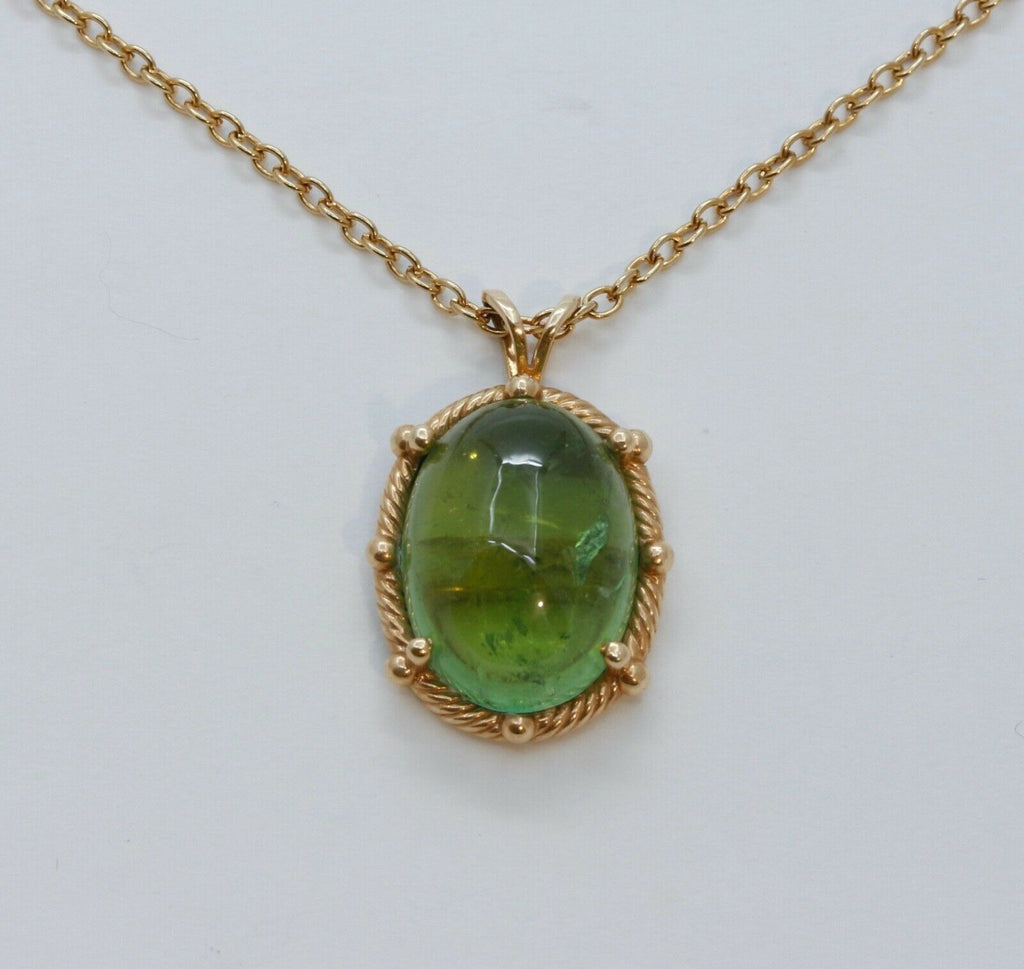 Vintage Cabochon Green Tourmaline 14K Yellow Gold Pendant