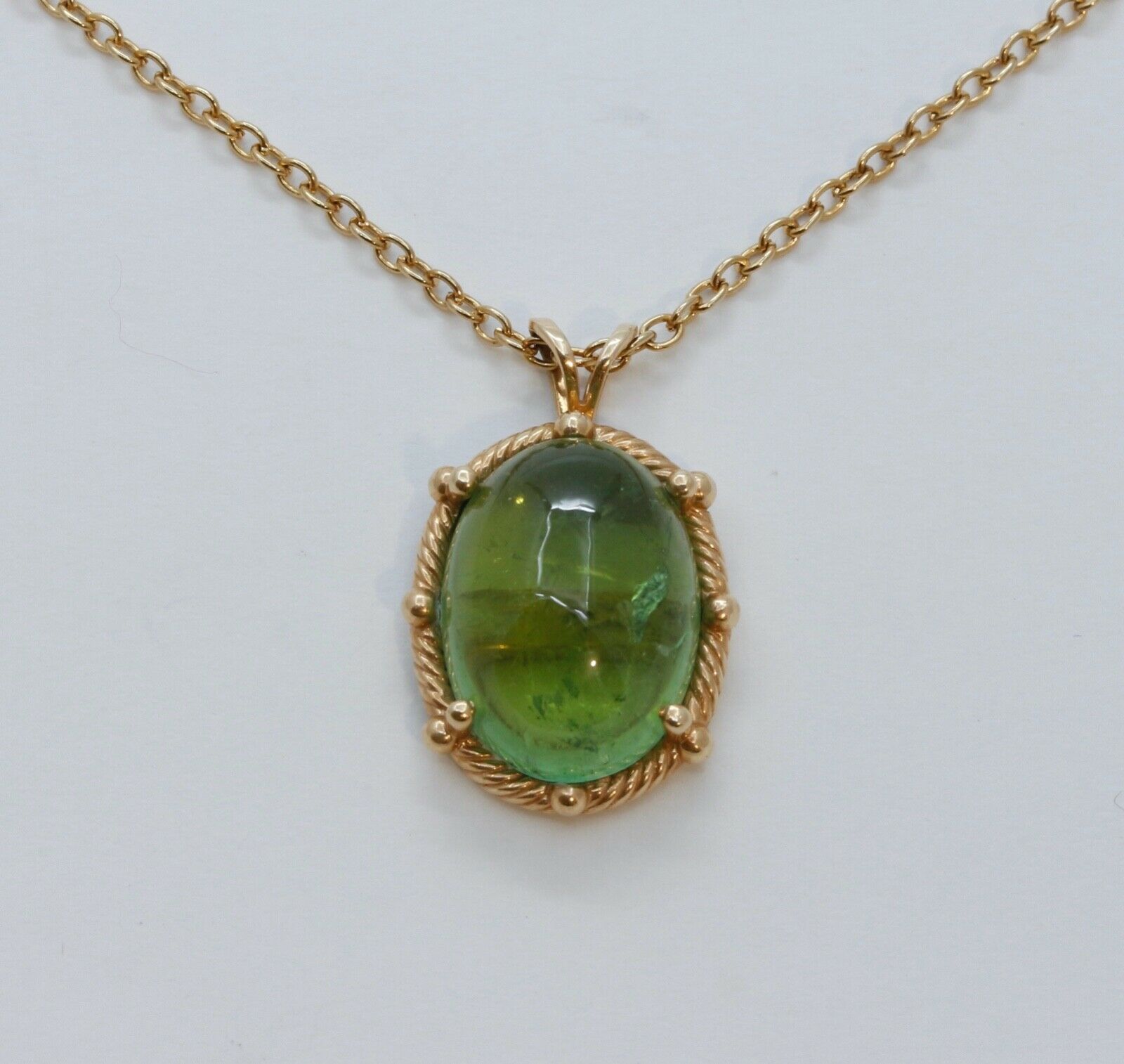 Vintage Cabochon Green Tourmaline 14K Yellow Gold Pendant