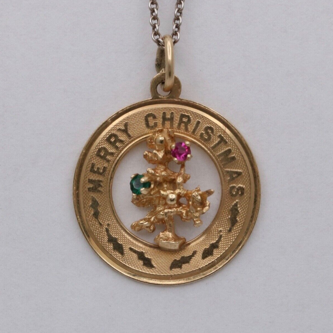 Vintage 14K Yellow Gold Merry Christmas, Christmas Tree Charm