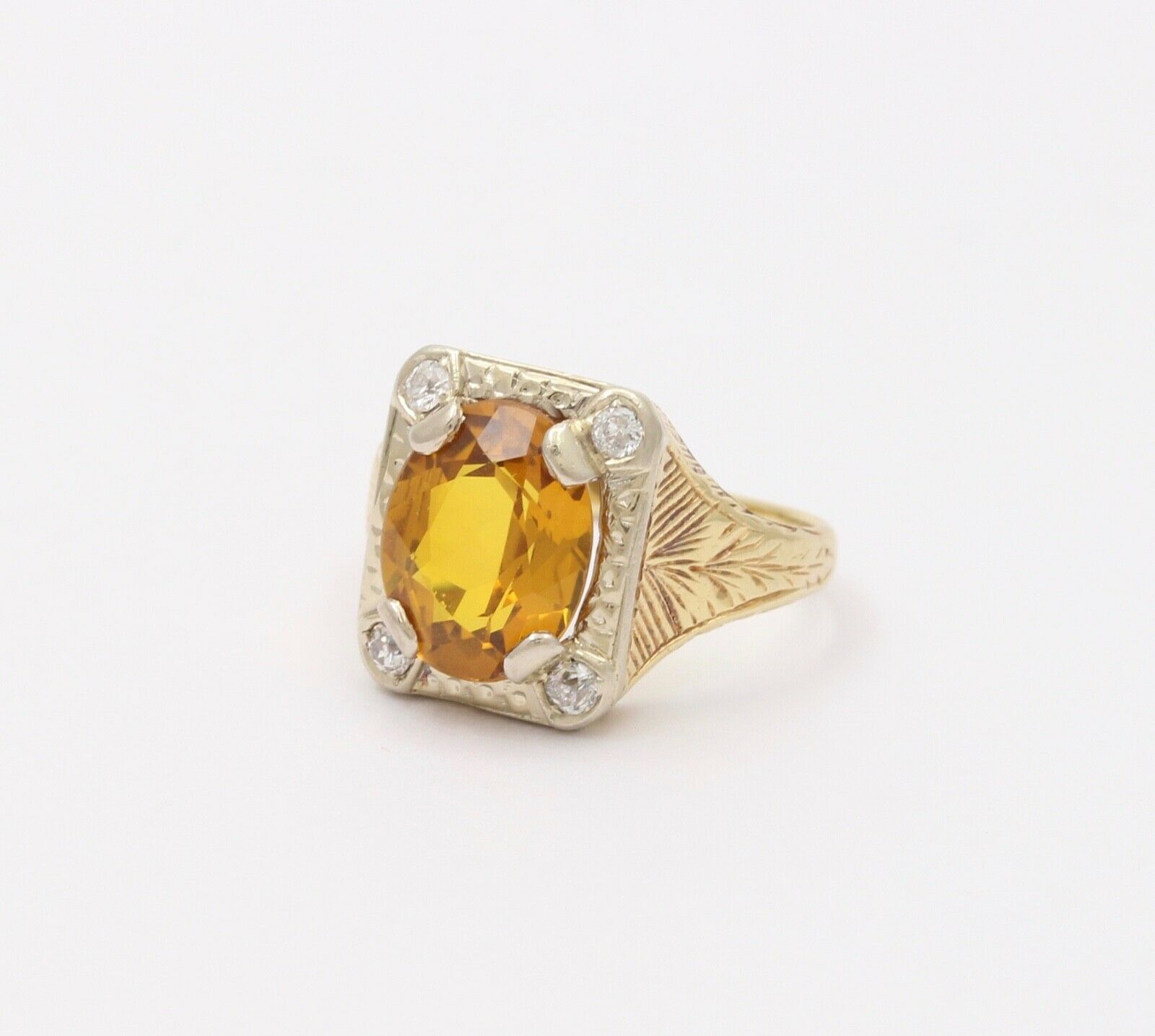 Art Deco Lemon Citrine Diamonds 14K Yellow White Gold Ring