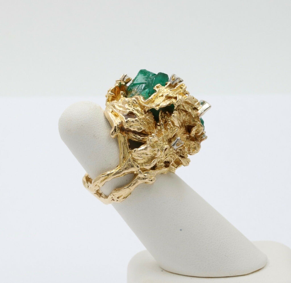 Vintage Brutalist Chatham Emerald Diamonds 14K Yellow Gold Ring