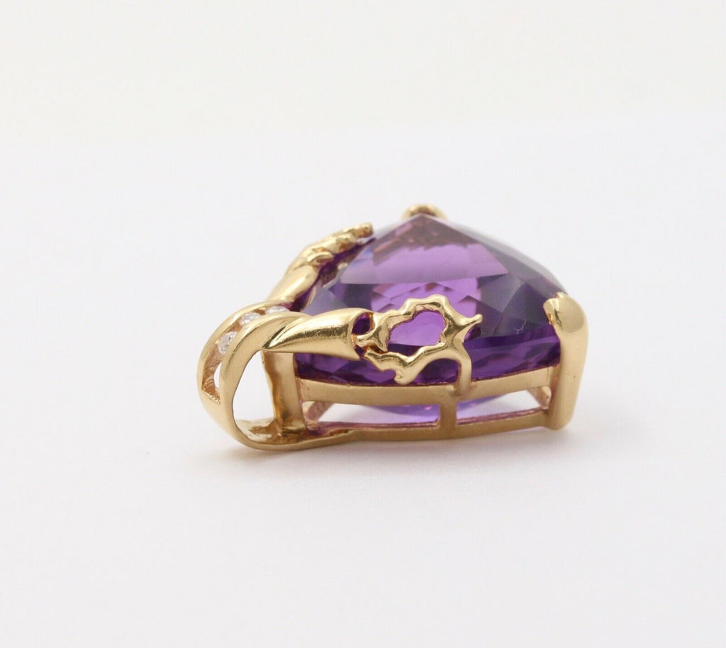 Vintage 14K Yellow Gold Siberian Amethyst Diamond Triangle Pendant.