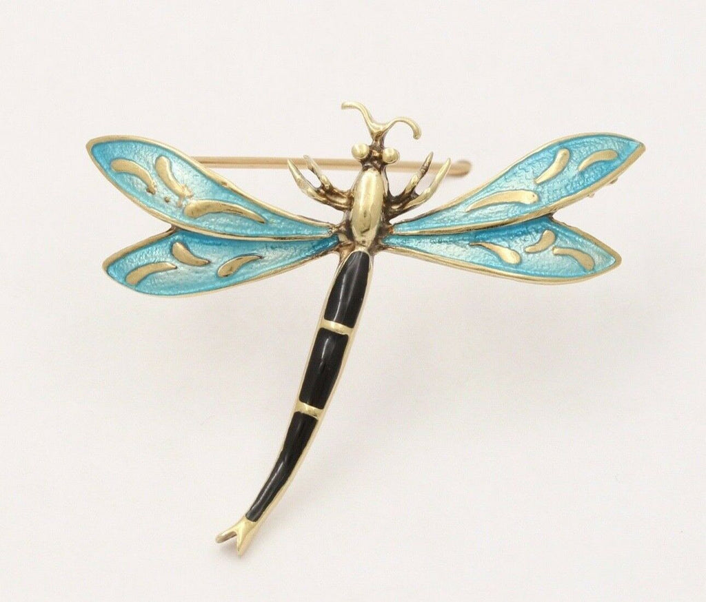 Vintage Estate 14K Gold Enamel Dragonfly Brooch, Pin.