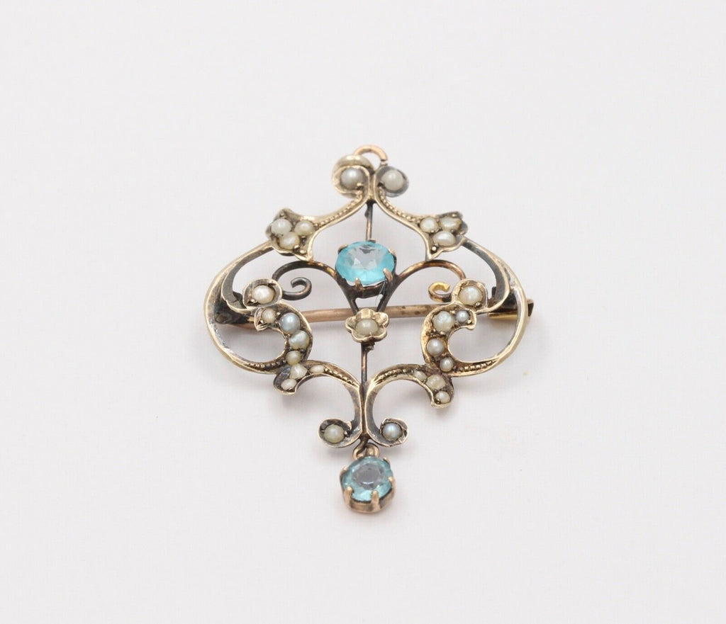 Art Nouveau 10K Yellow Gold Blue Zircon Seed Pearls Pendant Brooch