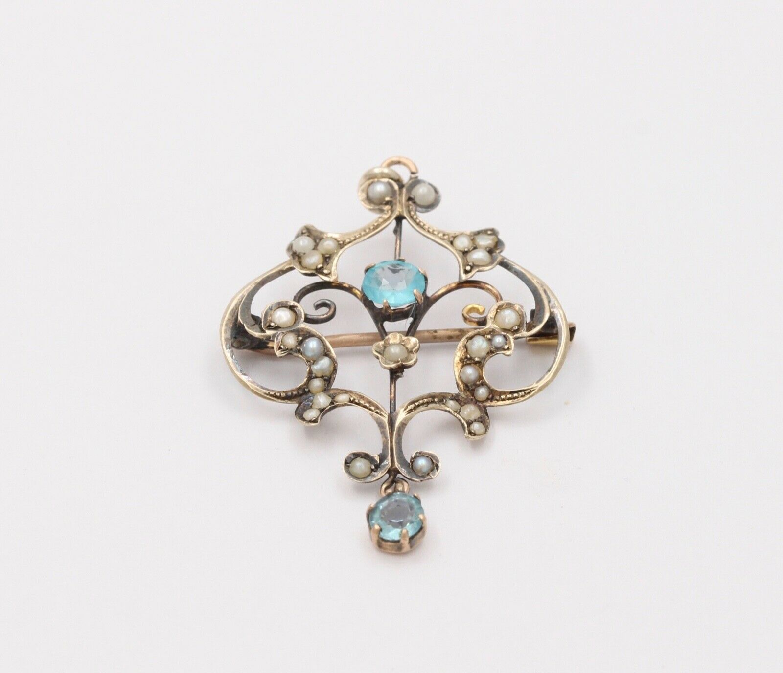 Art Nouveau 10K Yellow Gold Blue Zircon Seed Pearls Pendant Brooch