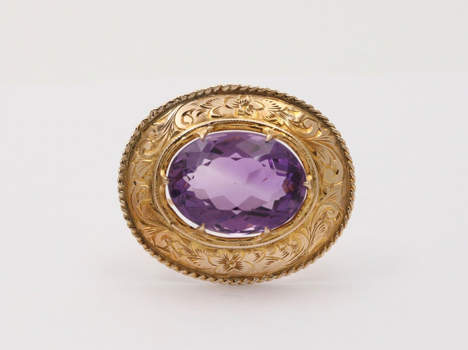 Victorian Revival Oval Amethyst 14K Yellow Gold Brooch Pin