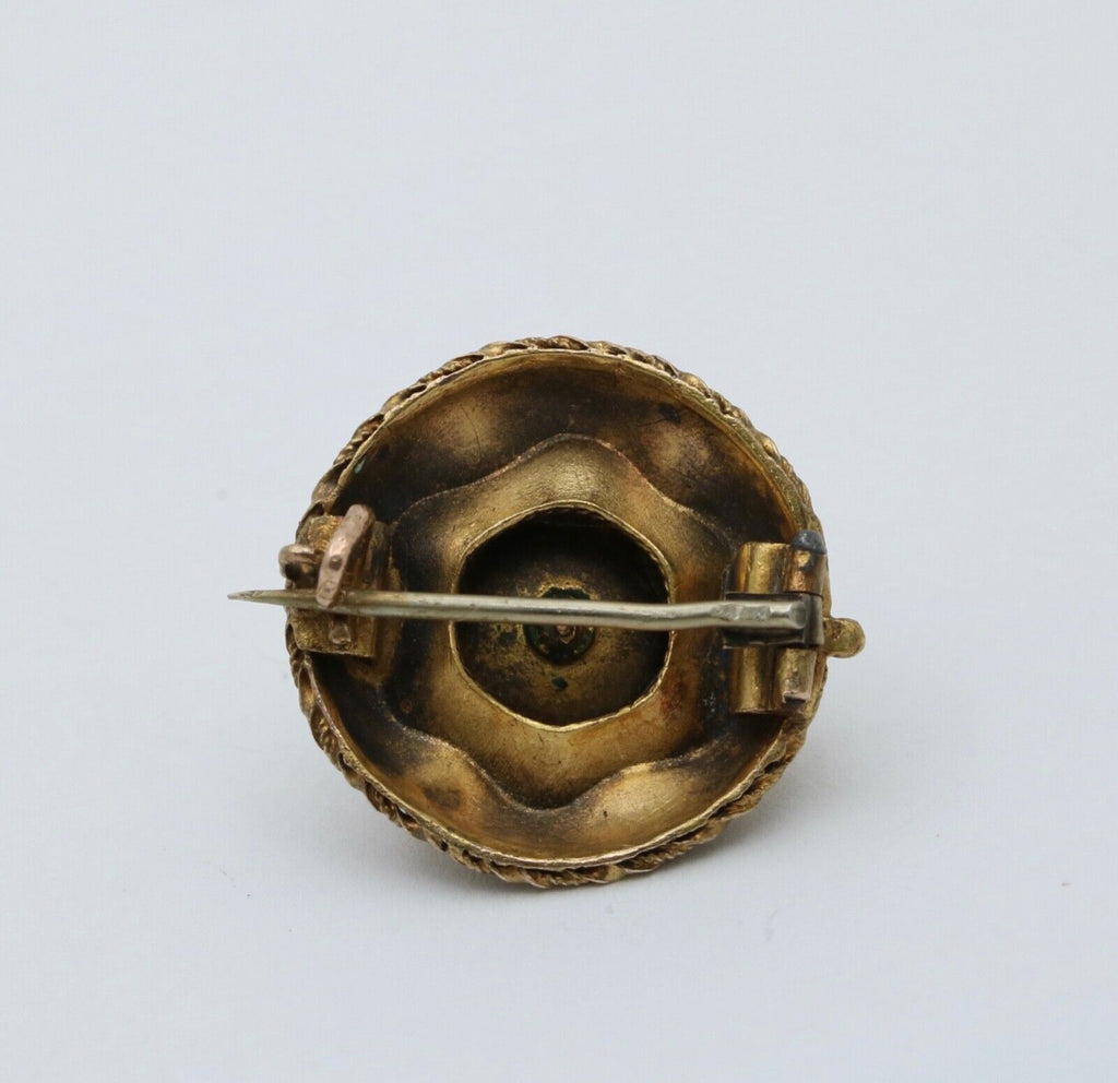 Antique Etrascan Revival 14K Yellow Gold Pearl Brooch.