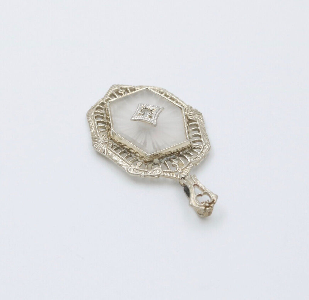 Art Deco 10K Gold Camphor Glass Diamond Pendant.