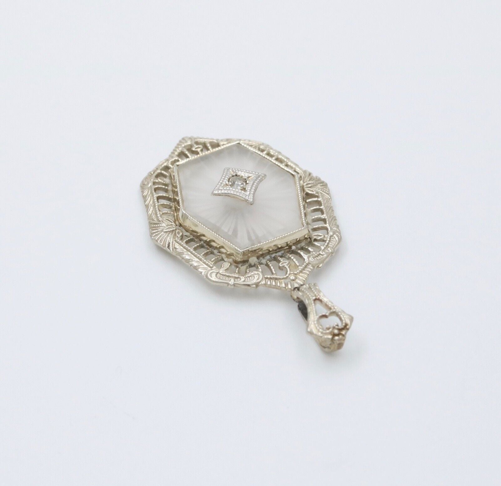 Art Deco 10K Gold Camphor Glass Diamond Pendant.