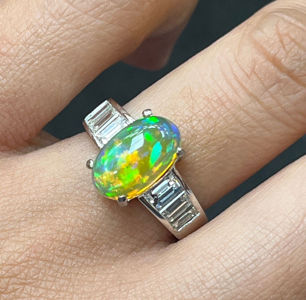 Vintage 18K White Gold Ethiopian Opal and Diamond Alternative Engagement Ring