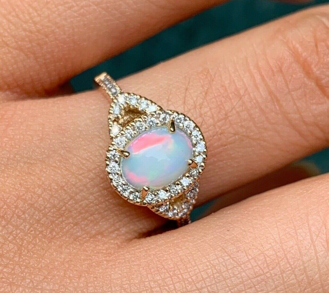 Vintage Australian Opal and Diamond Halo 14K Yellow Gold Ring, Engagement Ring