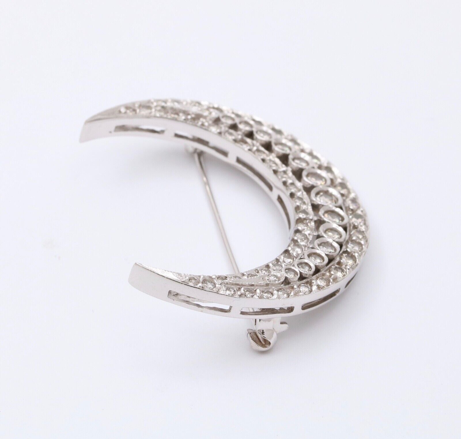 Vintage Diamonds 14K White Gold Crescent Moon Brooch Pin