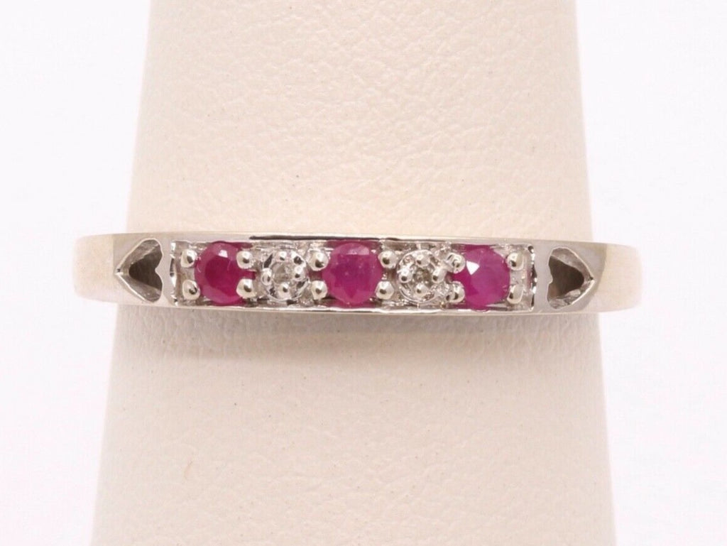 Vintage "I Love You" Ring with Rubies and Diamonds 10K White Gold with Hearts