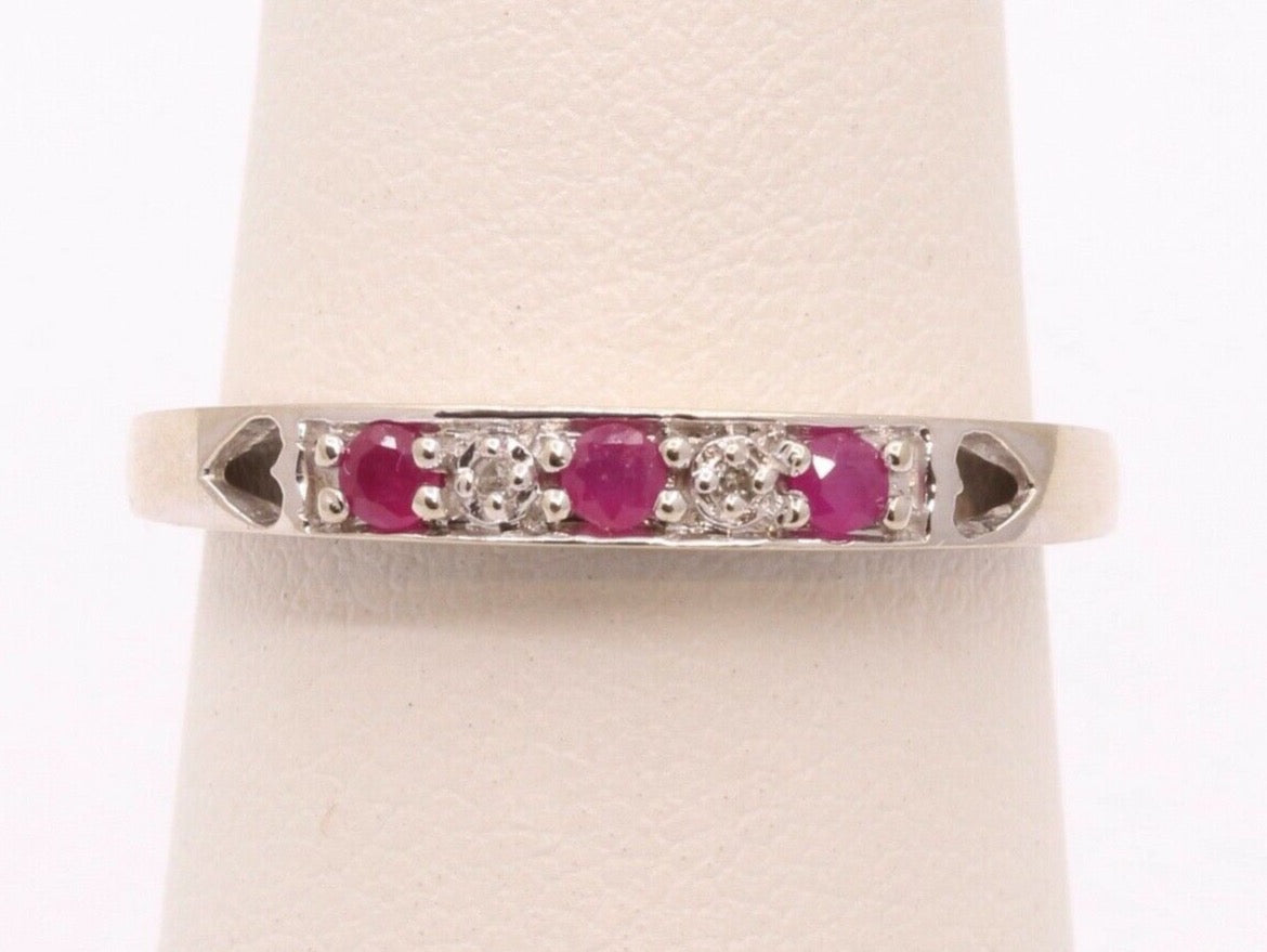 Vintage "I Love You" Ring with Rubies and Diamonds 10K White Gold with Hearts