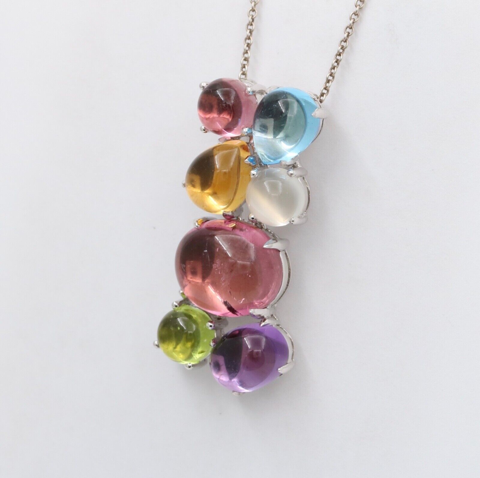 Vintage Tourmaline, Peridot, Cat s Eye Moonstone, Topaz 18K WG Pendant