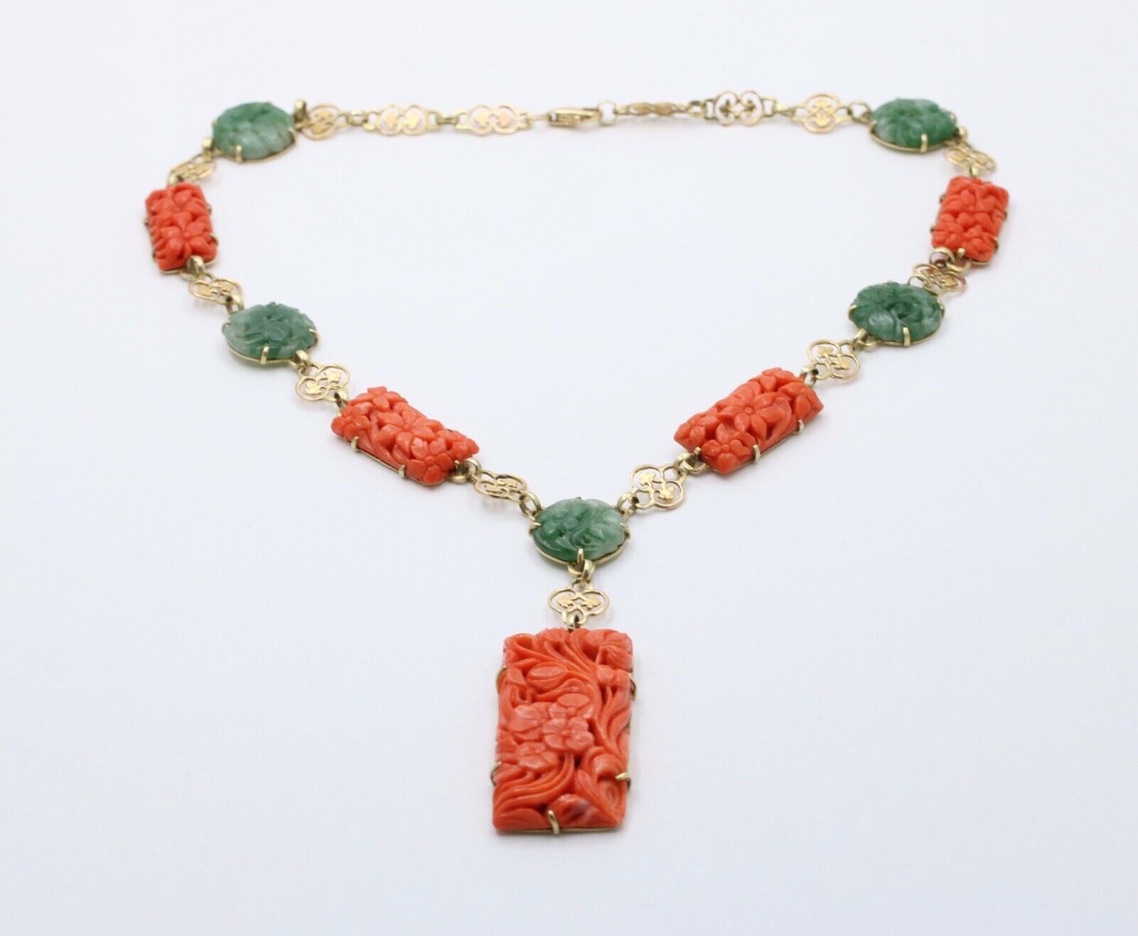Vintage 14K Yellow Gold Circa 1930’s Carved Coral & Jade Necklace,