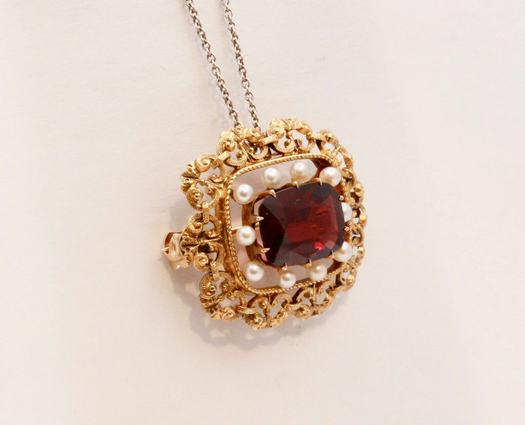 Pristine Victorian Garnet Pearls 14K Yellow Gold Brooch Pin Pendant