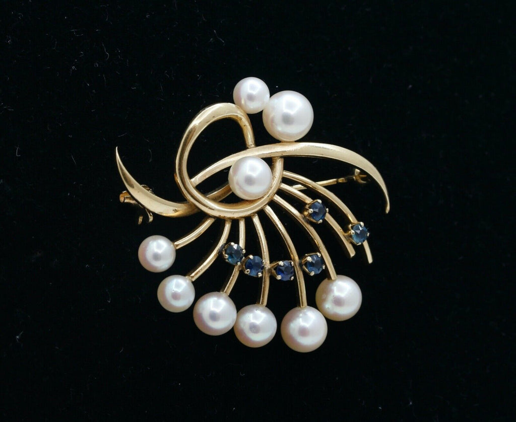 Mikimoto 14K Yellow Gold Sapphires Pearls Brooch Pin