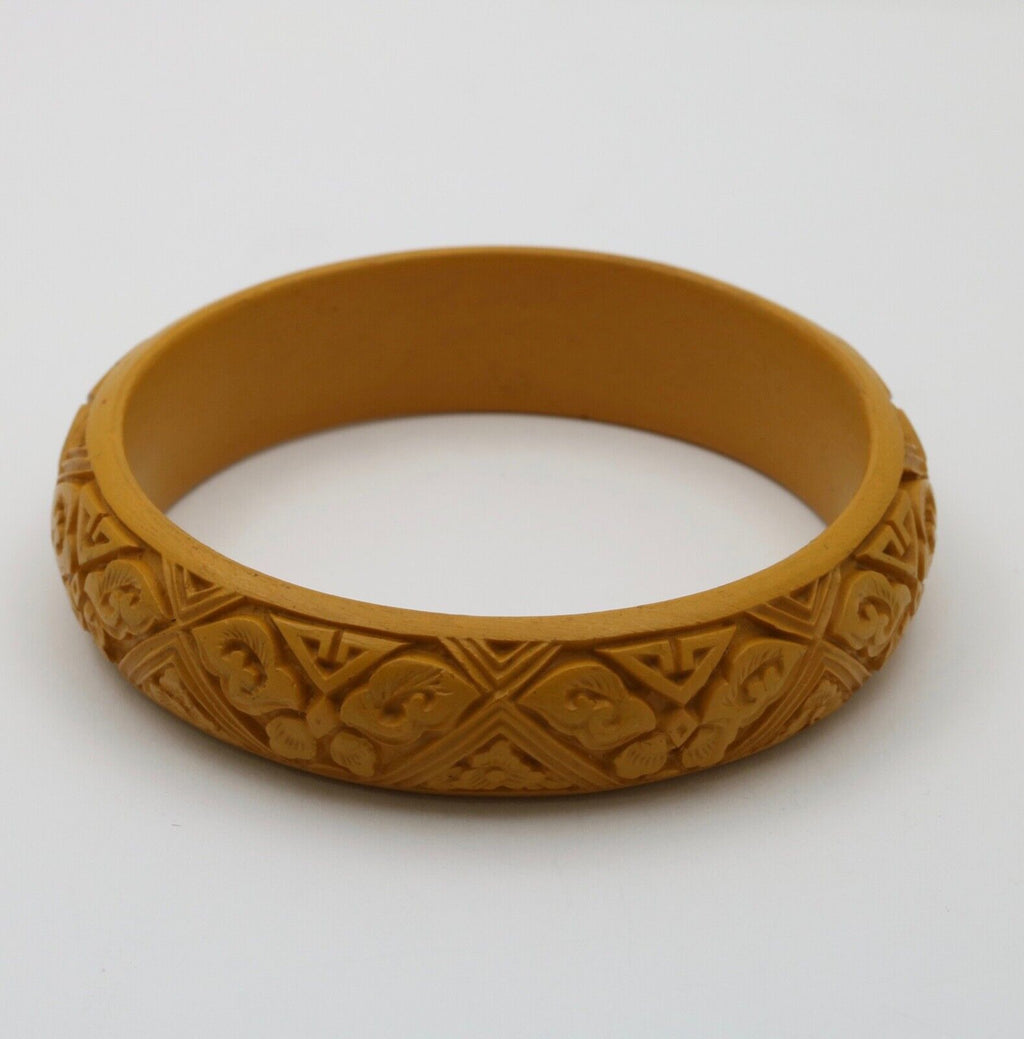 Vintage Yellow Carved Cinnabar Bangle, Bracelet.