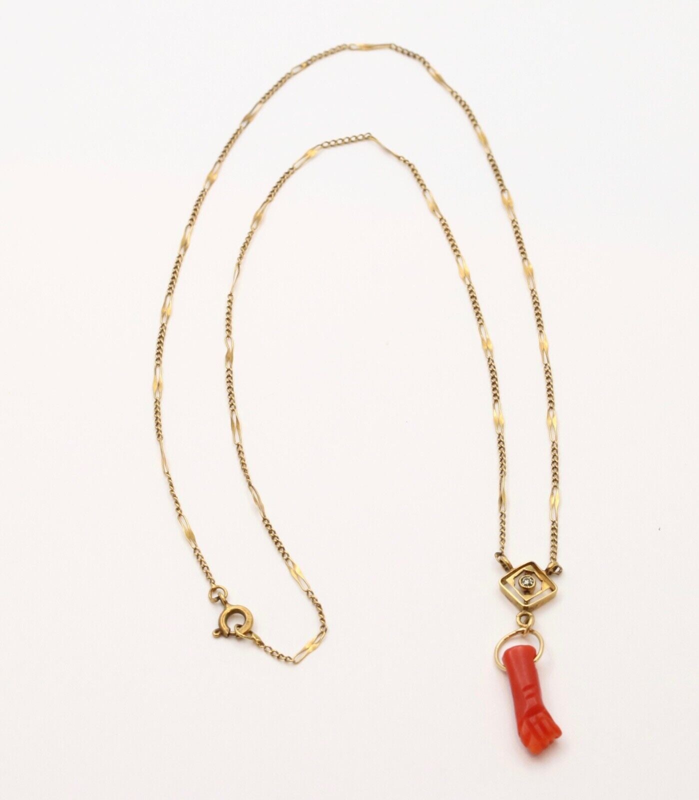 Vintage 14K Gold Diamonds Coral Figa Pendant Necklace