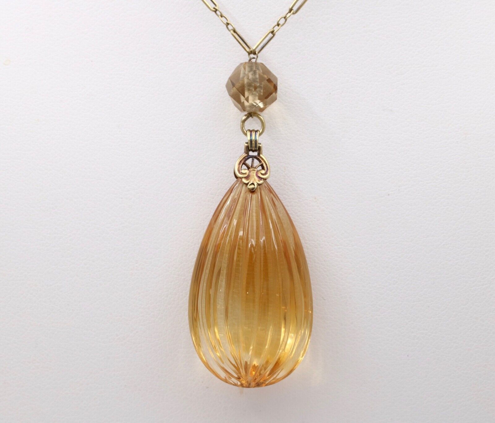 Vintage 14K Yellow Gold Carved Citrine Pendant and Necklace