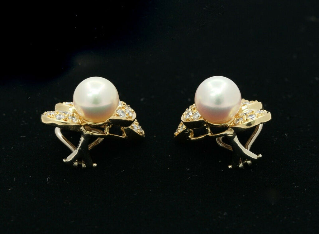 Vintage 14K Yellow Gold 9mm Akoya Pearl Diamond Clip on Earrings