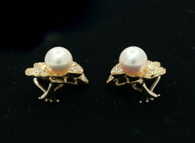 Load image into Gallery viewer, Vintage 14K Yellow Gold 9MM Akoya Pearl 3 Cts Diamond Omega Back No Pierce Earri
