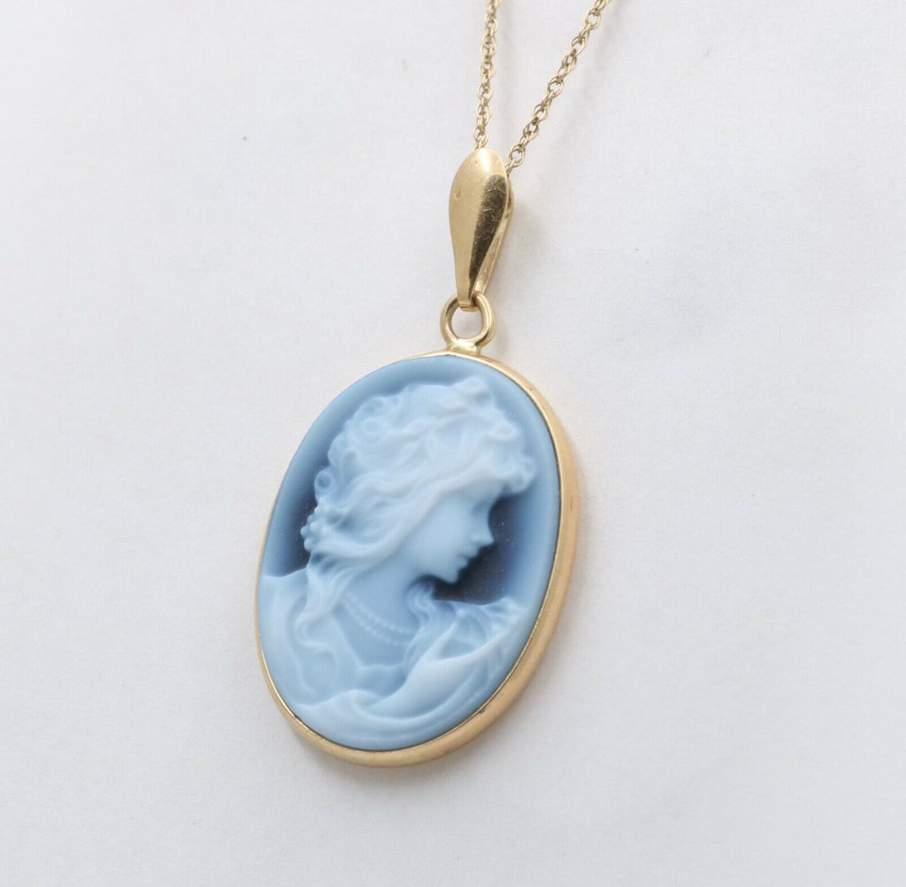Vintage 14K Yellow Gold Blue Agate Cameo Woman’s Portrait Pendant