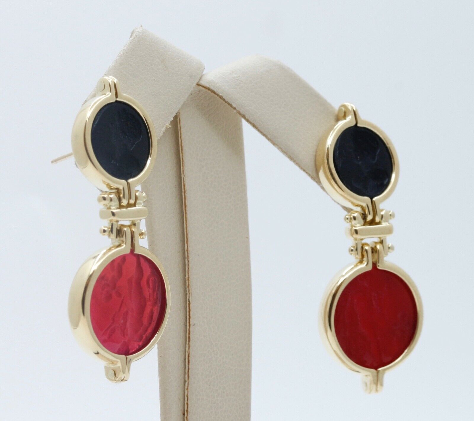 Italian 18K Yellow Gold Art Glass Portrait Cherub Dangle Earrings