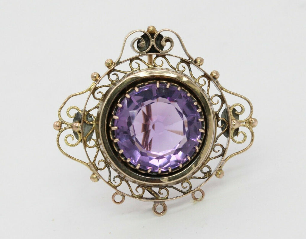 Victorian 14K Yellow Gold Amethyst Pendant Brooch