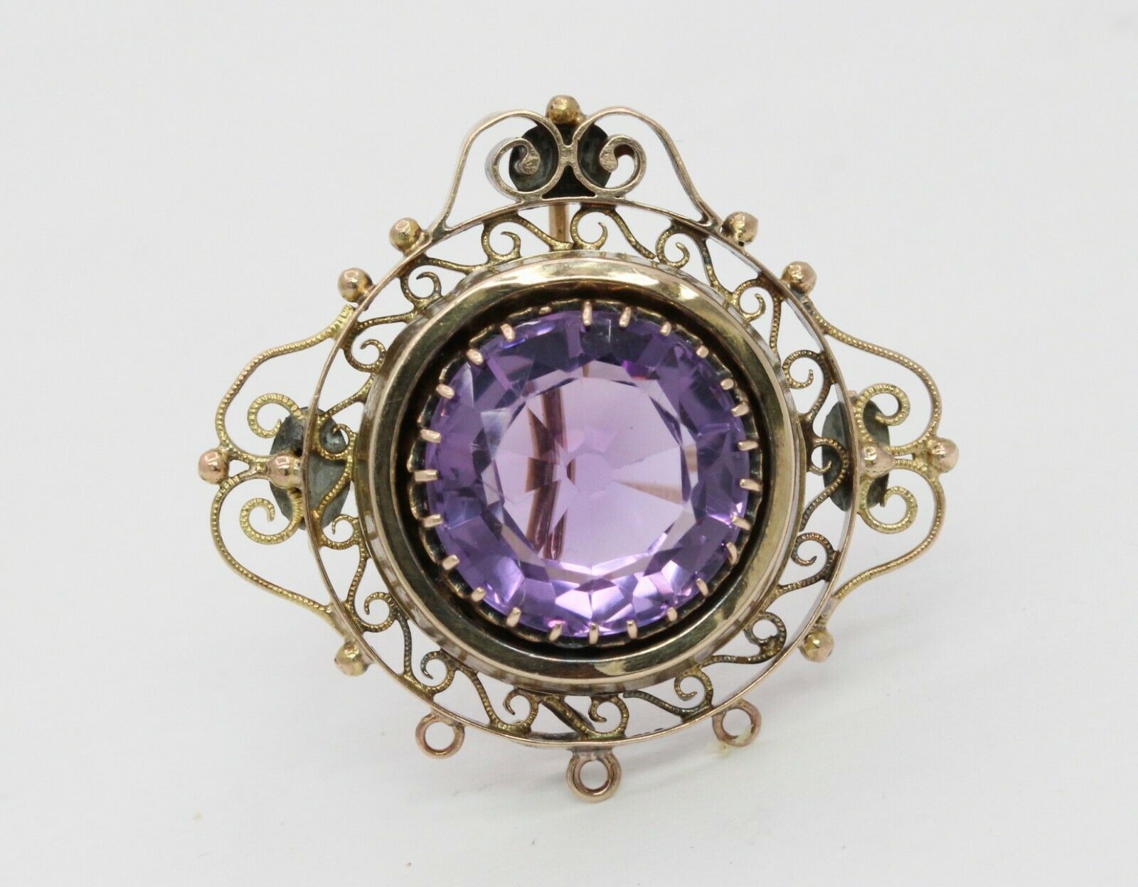 Victorian 14K Yellow Gold Amethyst Pendant Brooch